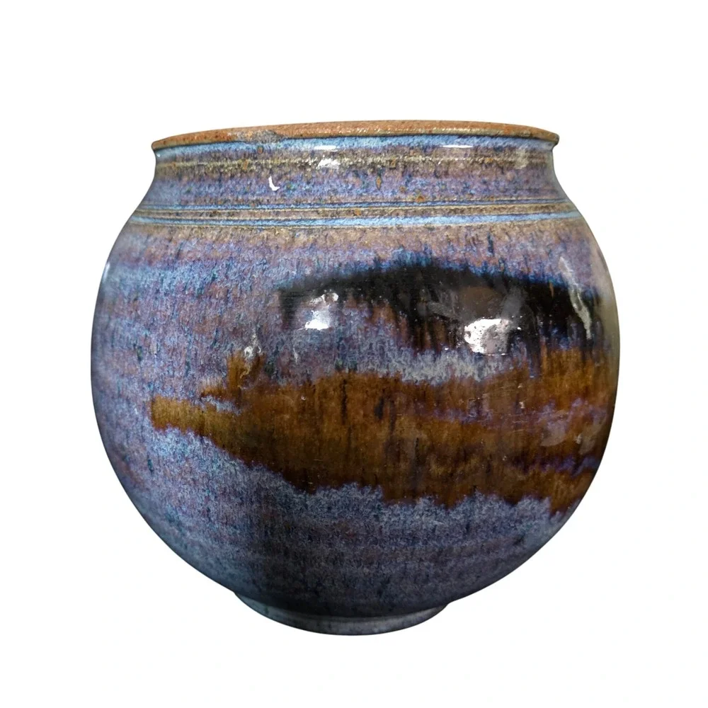 Signed Artisan Ceramic Pot Vase Blue Purple Drip Glaze Handcrafted  Pottery